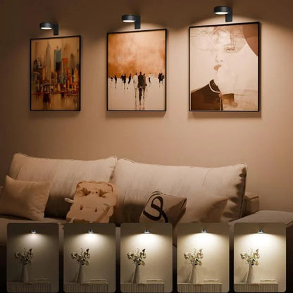 Three black lights above framed pictures over a sofa, with five small insets showing brightness and warmth settings 4