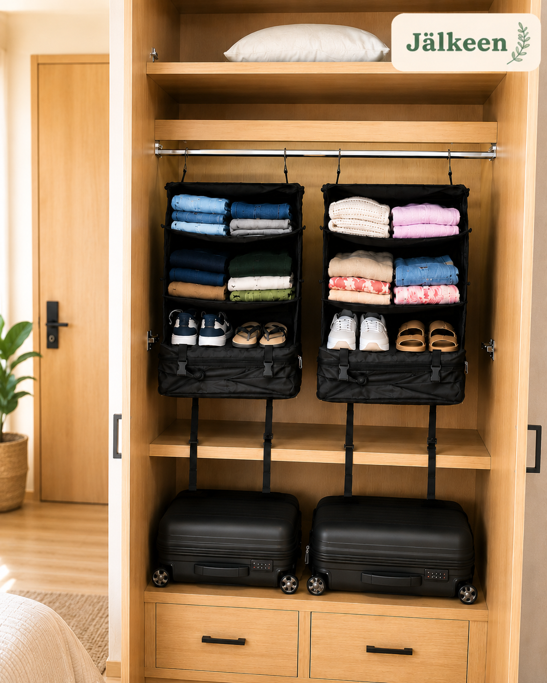 Two organisers hung in a tidy wardrobe, holding folded clothes and shoes, with suitcases strapped beneath them 9