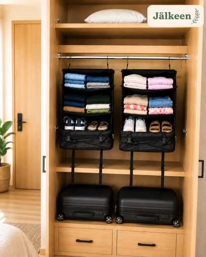 Two organisers hung in a tidy wardrobe, holding folded clothes and shoes, with suitcases strapped beneath them 9