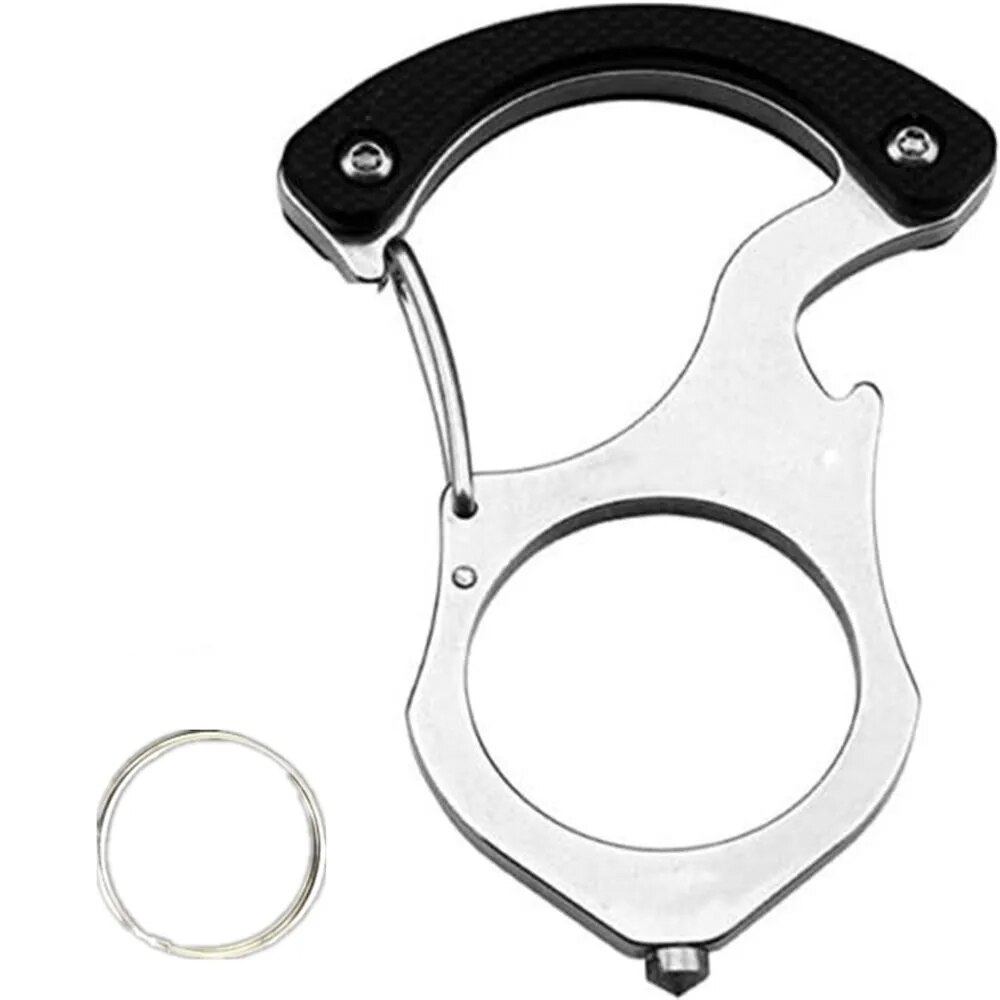 Front view of the steel carabiner keyring with black handle grip and bottle opener notch, beside a loose split ring on white. 6