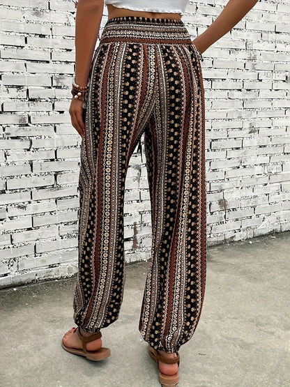 Boho High-Waist Women's Trousers with Print & Smocked Waistband – Linara