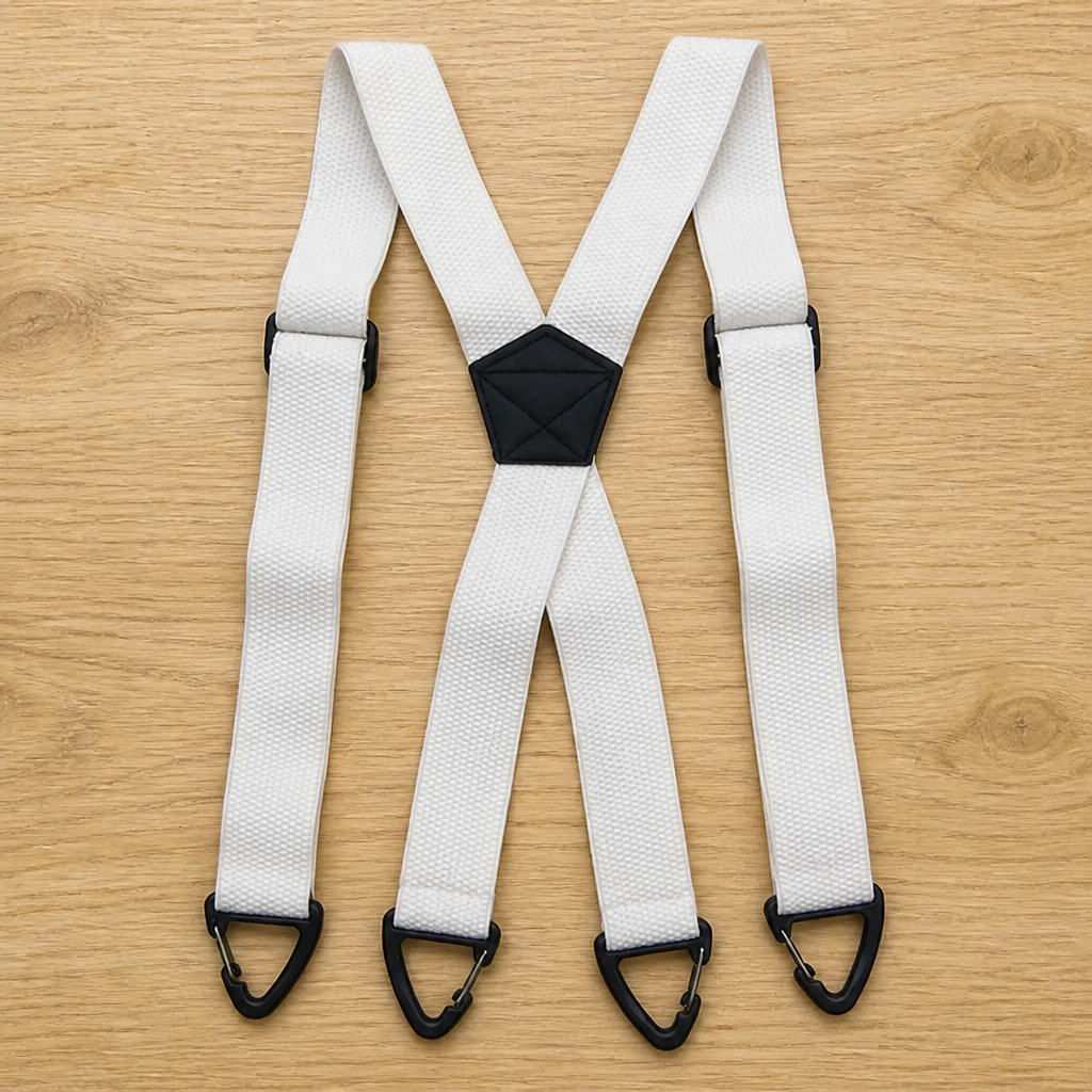 White X-back suspenders laid flat on wood, with black triangular clips and a black centre patch. 10