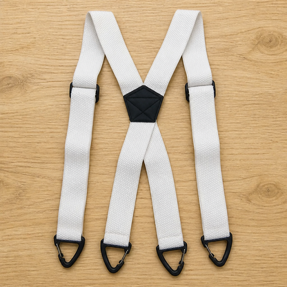 White X-back suspenders laid flat on wood, with black triangular clips and a black centre patch. 10