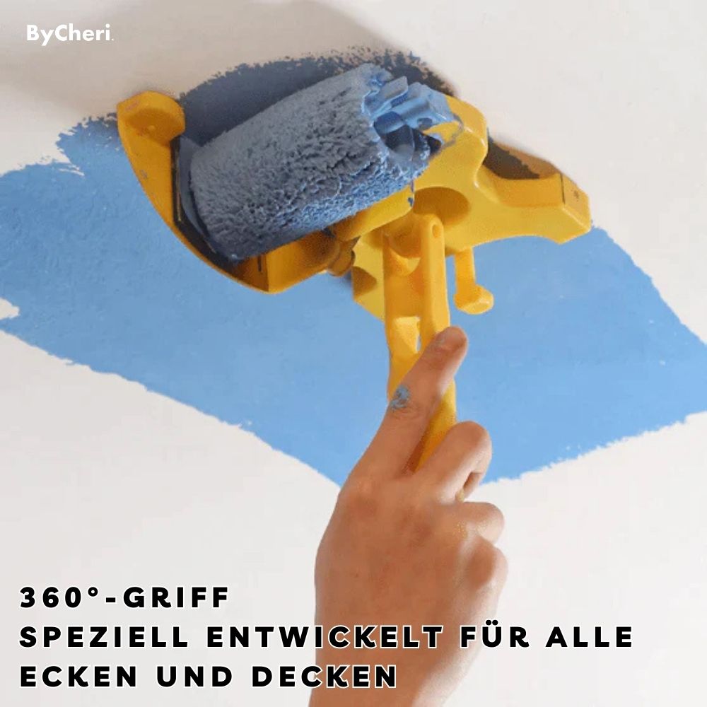 Guide turned upside down painting a blue patch on a white ceiling, with the swivelling handle held by a hand. 6
