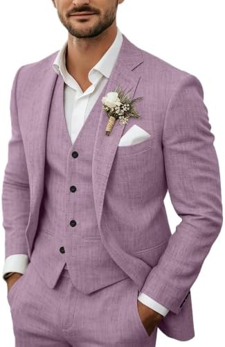 Model wears the soft lilac suit with waistcoat over a white shirt, with a floral buttonhole and pocket square. 7