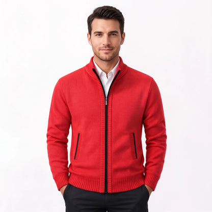 Man wearing the red textured knit zip cardigan with ribbed trims, over a white shirt, front view 41