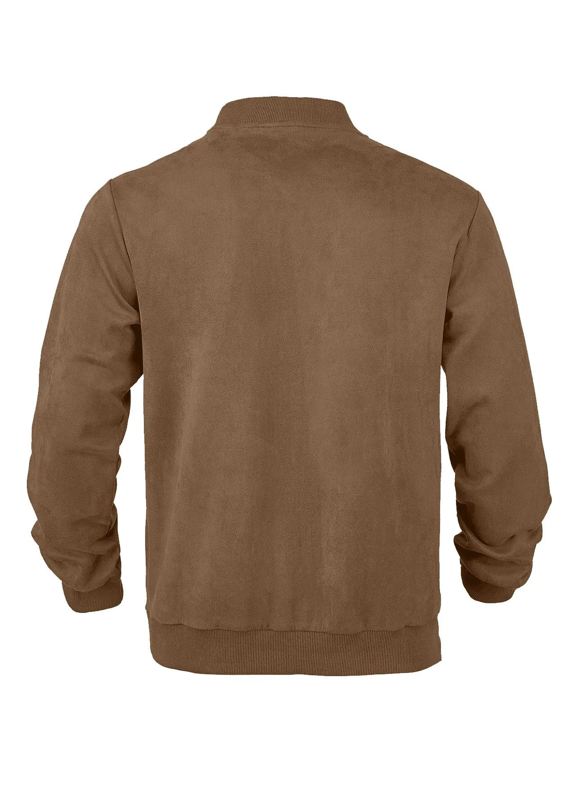 Back view of the brown suede-look jacket with ribbed collar, cuffs and hem, laid flat 41