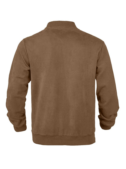 Back view of the brown suede-look jacket with ribbed collar, cuffs and hem, laid flat 41