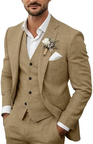 Model wears the sand-coloured suit with matching waistcoat, white shirt, floral buttonhole and folded white pocket square, hands in trouser pockets. 2