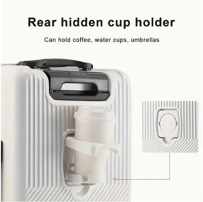 Hard-shell hand luggage with cup holder, USB port and TSA-approved lock.