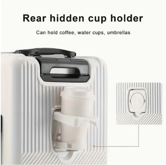 Hard-shell hand luggage with cup holder, USB port and TSA-approved lock.