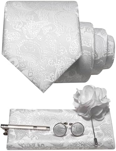 White tone-on-tone paisley tie with pocket square, cufflinks, tie clip and flower lapel pin shown together. 19