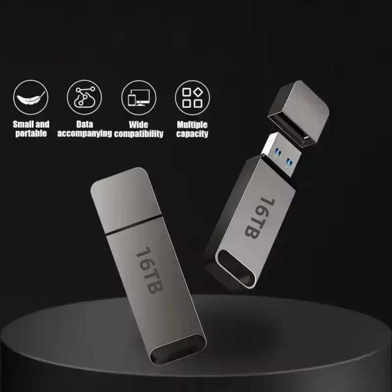 Two grey flash drives on a dark podium, one with its cap removed, above a row of feature icons 4