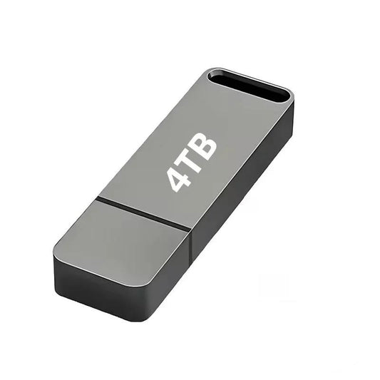 Grey metal flash drive with a slim rectangular body, shown at an angle on white 1