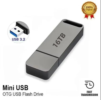 Grey metal flash drive shown at an angle, with an inset close-up of its blue USB connector 3