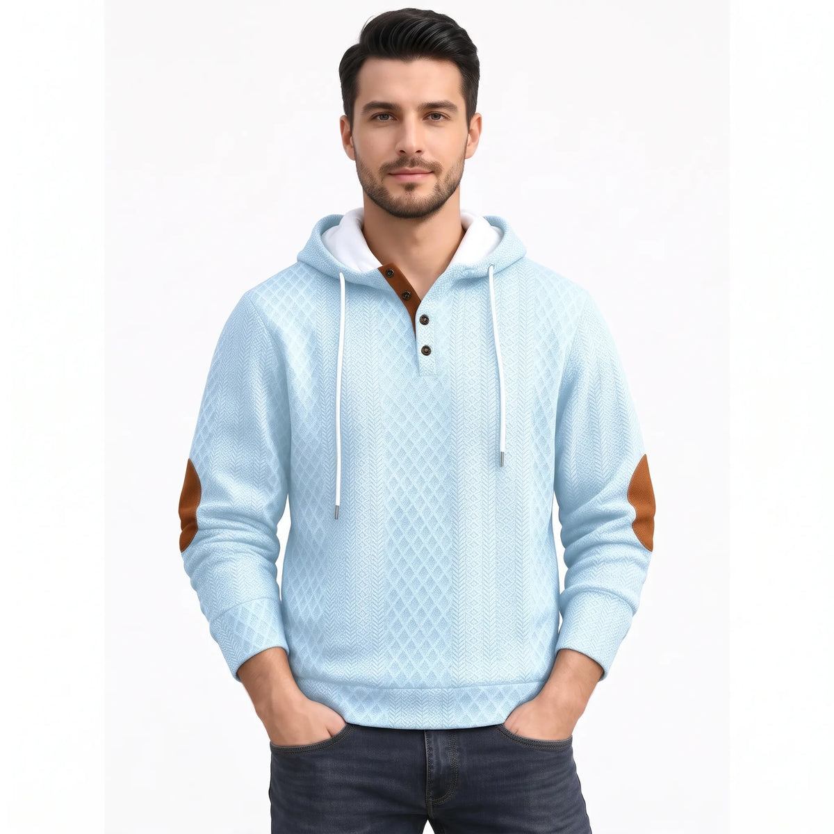 Model wearing the light blue version of the diamond-textured hoodie with tan elbow patches and contrast button placket 42
