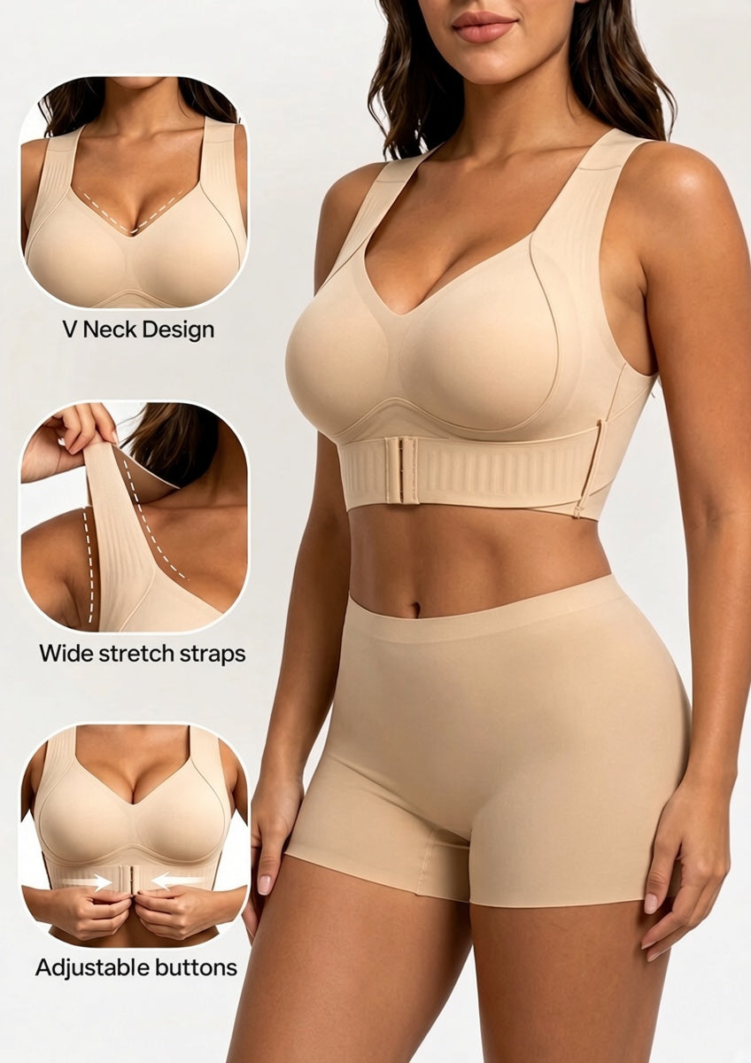 Beige bra worn with matching shorts, with three inset close-ups of the V neck, wide stretch straps and adjustable front hooks. 6