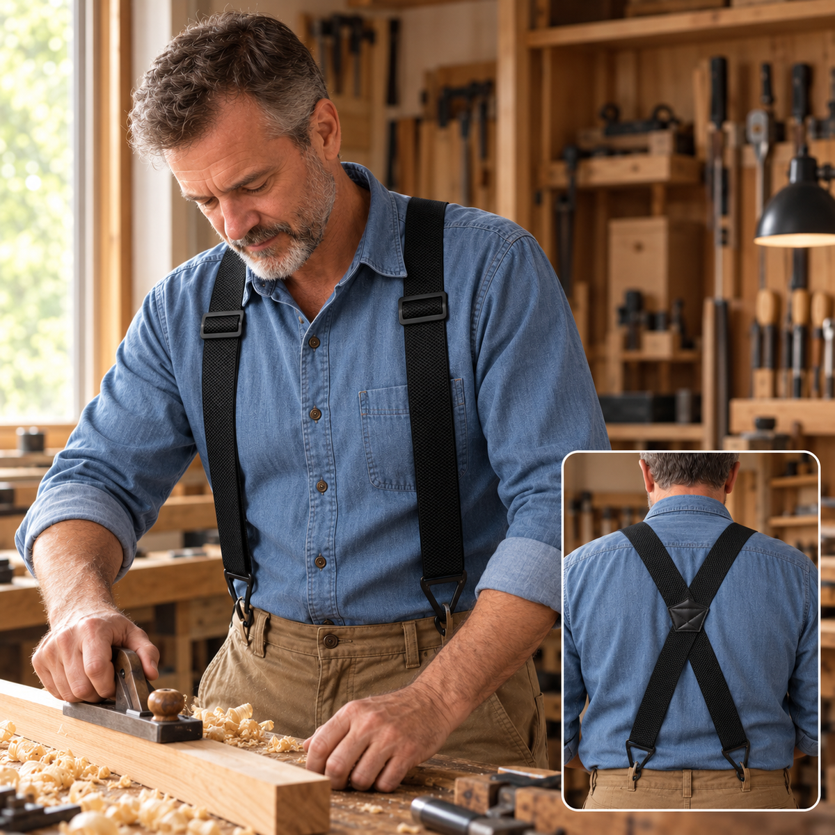 Man in a denim shirt planing wood in a workshop wearing black X-shape braces, with a back view inset 6