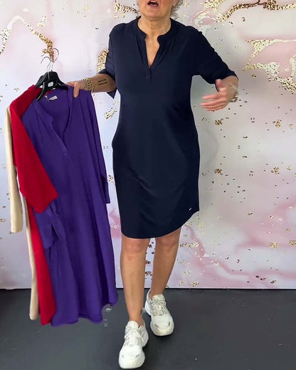 Stylish women's midi dress with V-neck and convertible sleeves – Naria