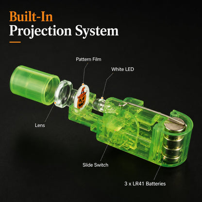 Exploded view of a green finger light showing the lens, pattern film, LED, slide switch and button batteries 8