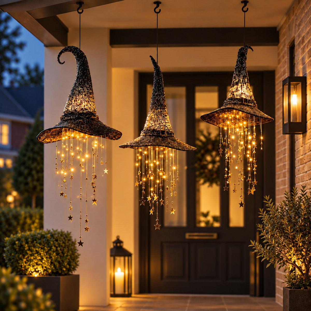 Three light-up witch hats hang from black hooks under a porch roof beside a dark front door and lantern. 4