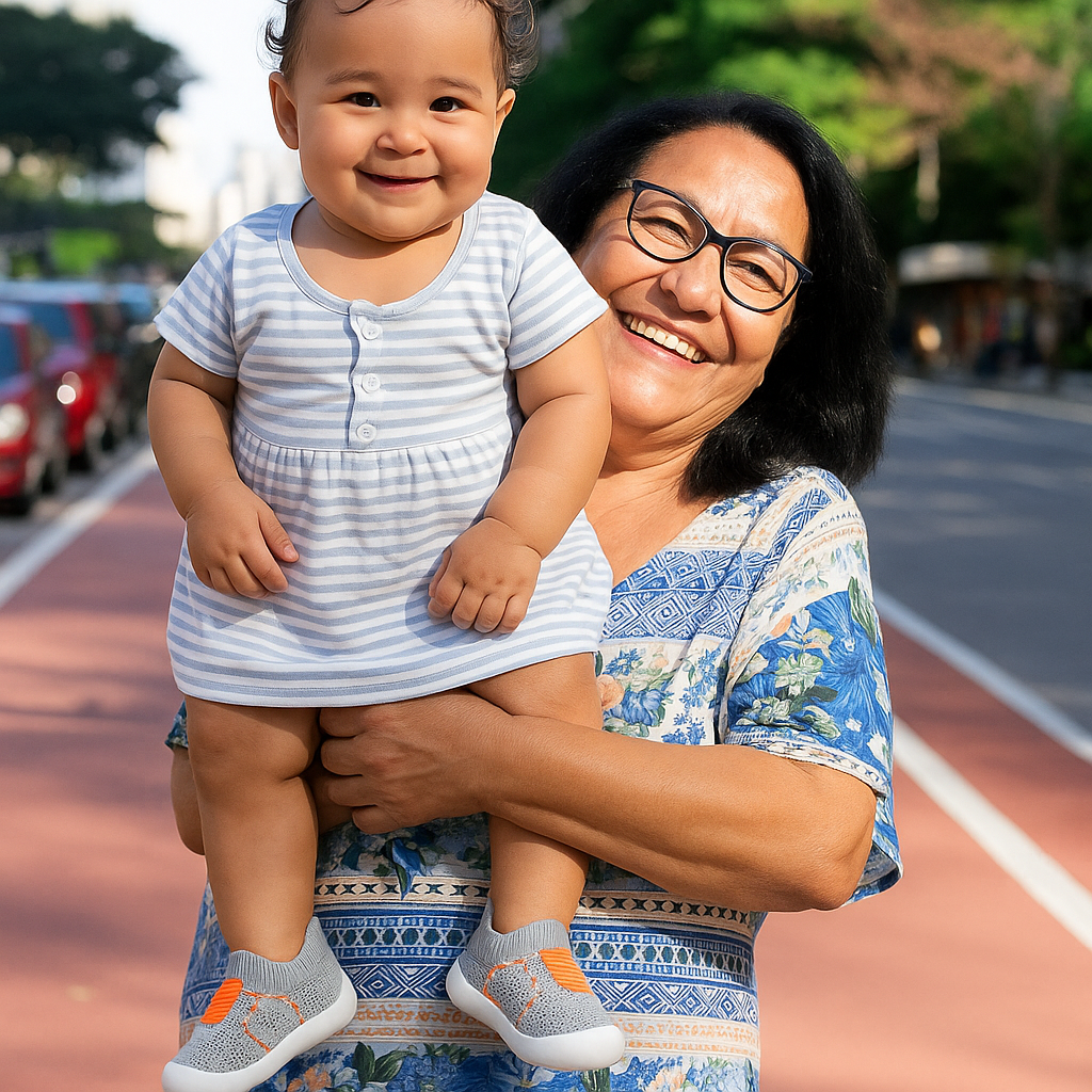 Smiling grandmother holds a baby in a striped dress on a street, the baby wearing grey knit shoes with orange accents. 3