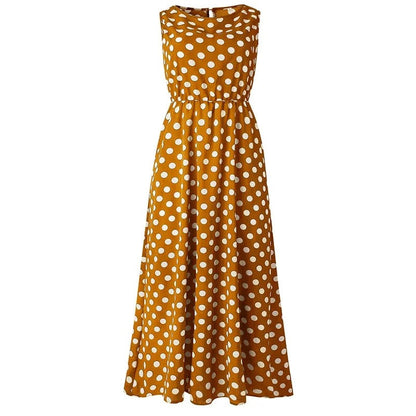 Mustard yellow sleeveless midi dress with white polka dots, shown flat from the front with a defined elasticated waist. 8