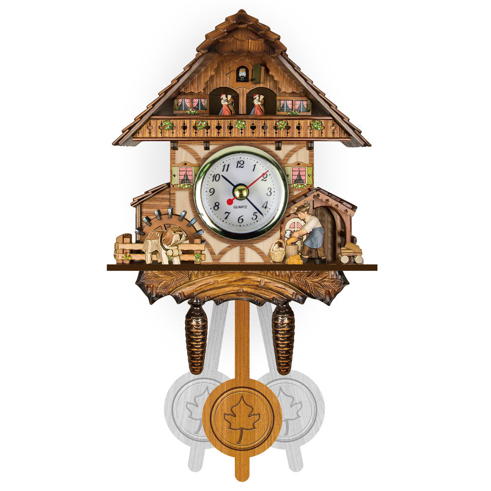 Half-timbered chalet wall clock with a waterwheel, a dog by a fence, a woman with a basket and a maple-leaf pendulum. 8
