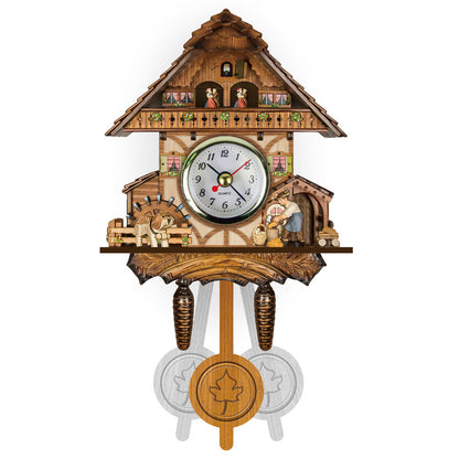 Half-timbered chalet wall clock with a waterwheel, a dog by a fence, a woman with a basket and a maple-leaf pendulum. 8