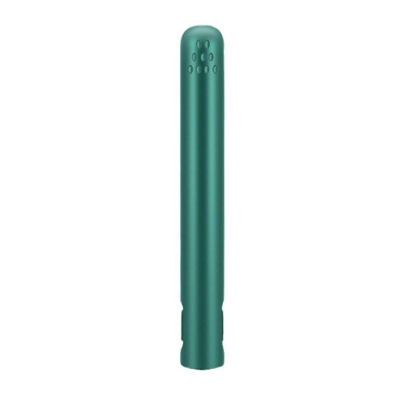 Closed dark green straightener standing upright on a plain white background, showing the vent holes at the tip. 8