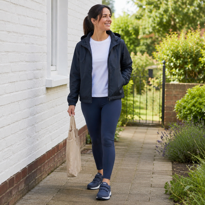 Woman in a dark jacket and leggings walking along a brick garden path in navy strap shoes 17