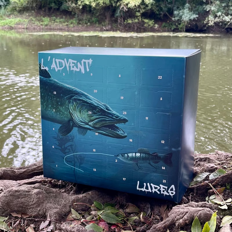 Boxed calendar with numbered doors and a pike artwork, standing on tree roots beside a river 1