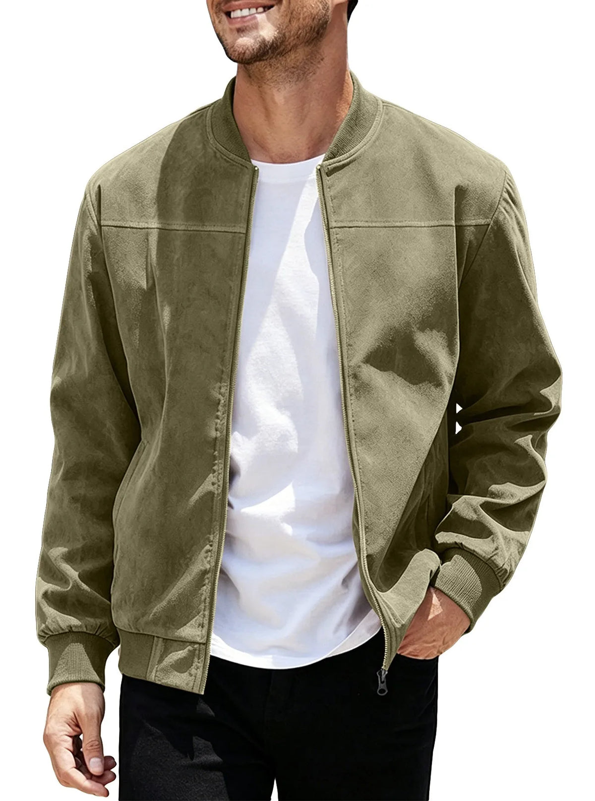 Smiling model wearing the olive green jacket unzipped over a white tee, one hand in pocket 46