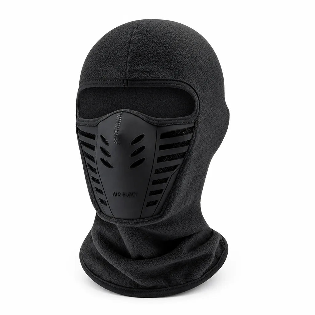 Angled view of a dark grey fleece balaclava with a black vented face panel, slotted side vents and a long neck section. 8
