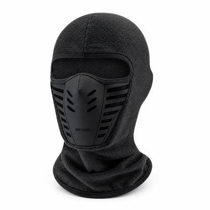 Angled view of a dark grey fleece balaclava with a black vented face panel, slotted side vents and a long neck section. 8