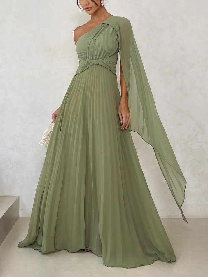 Trendy autumnal one-shoulder maxi dress with pleats – Mirella