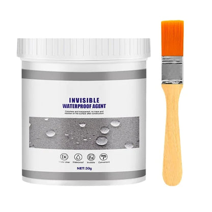 White tub of clear sealant with a wooden-handled orange-bristled brush beside it, on a plain background 1