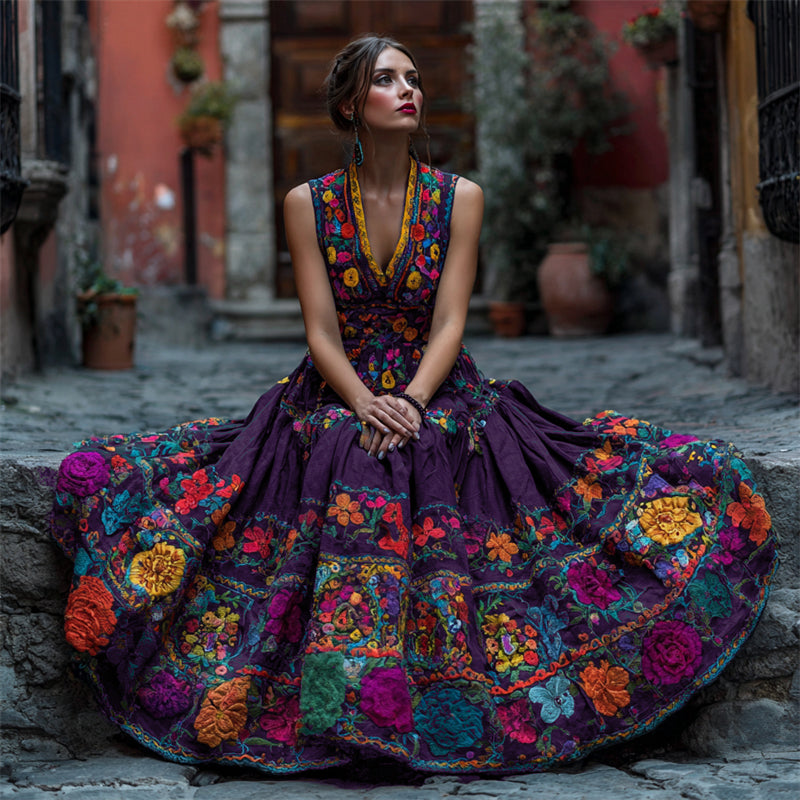 The same floral embroidered V-neck maxi dress in dark purple, worn by a seated model with the full skirt spread around her. 3