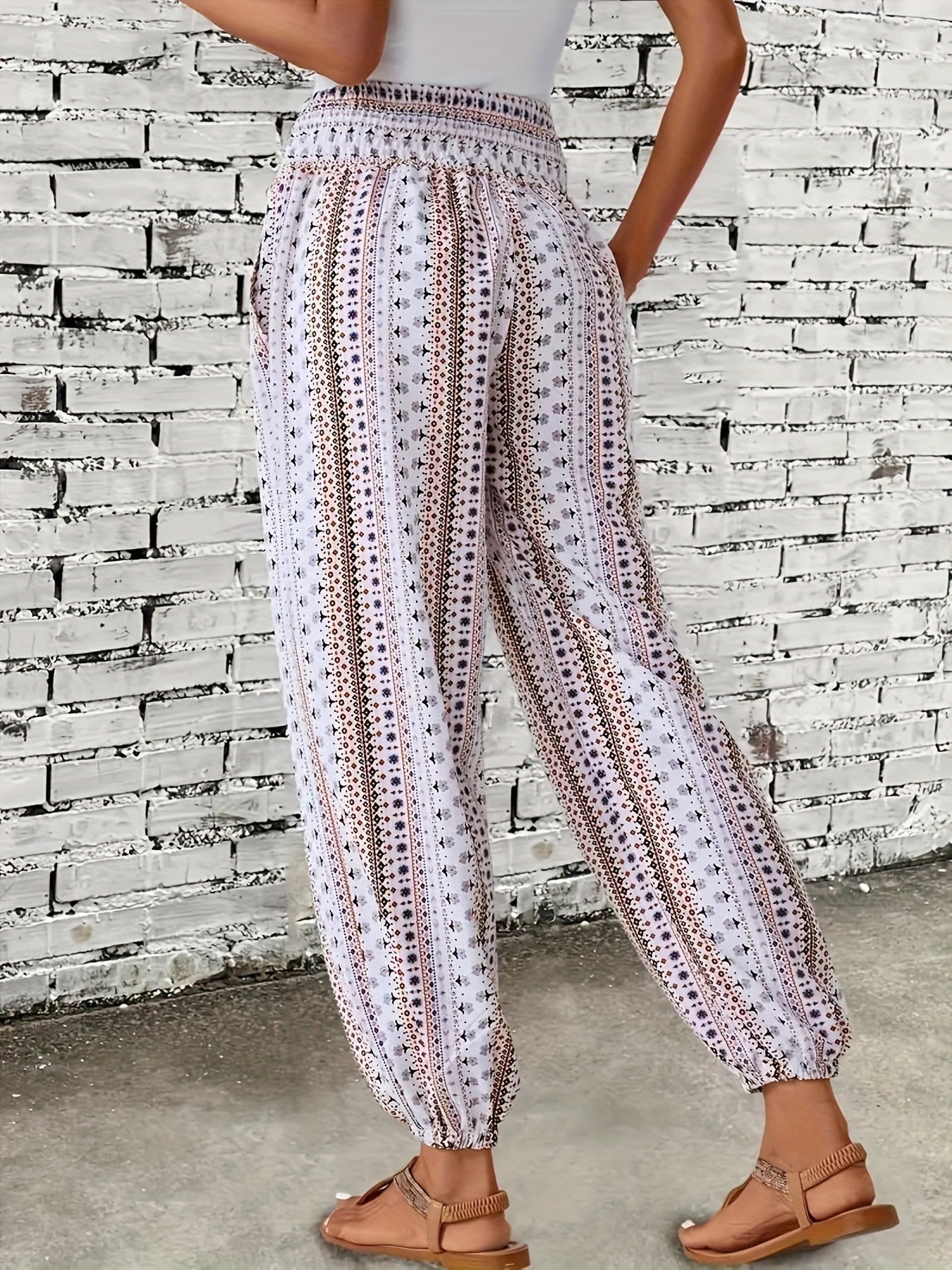 Boho High-Waist Women's Trousers with Print & Smocked Waistband – Linara