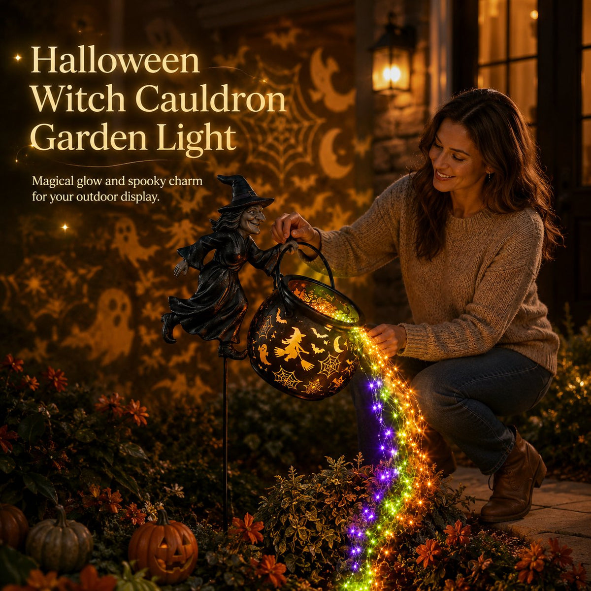 Smiling woman crouches in a garden at night, tilting the witch-and-cauldron stake as purple, green and orange lights pour out. 1