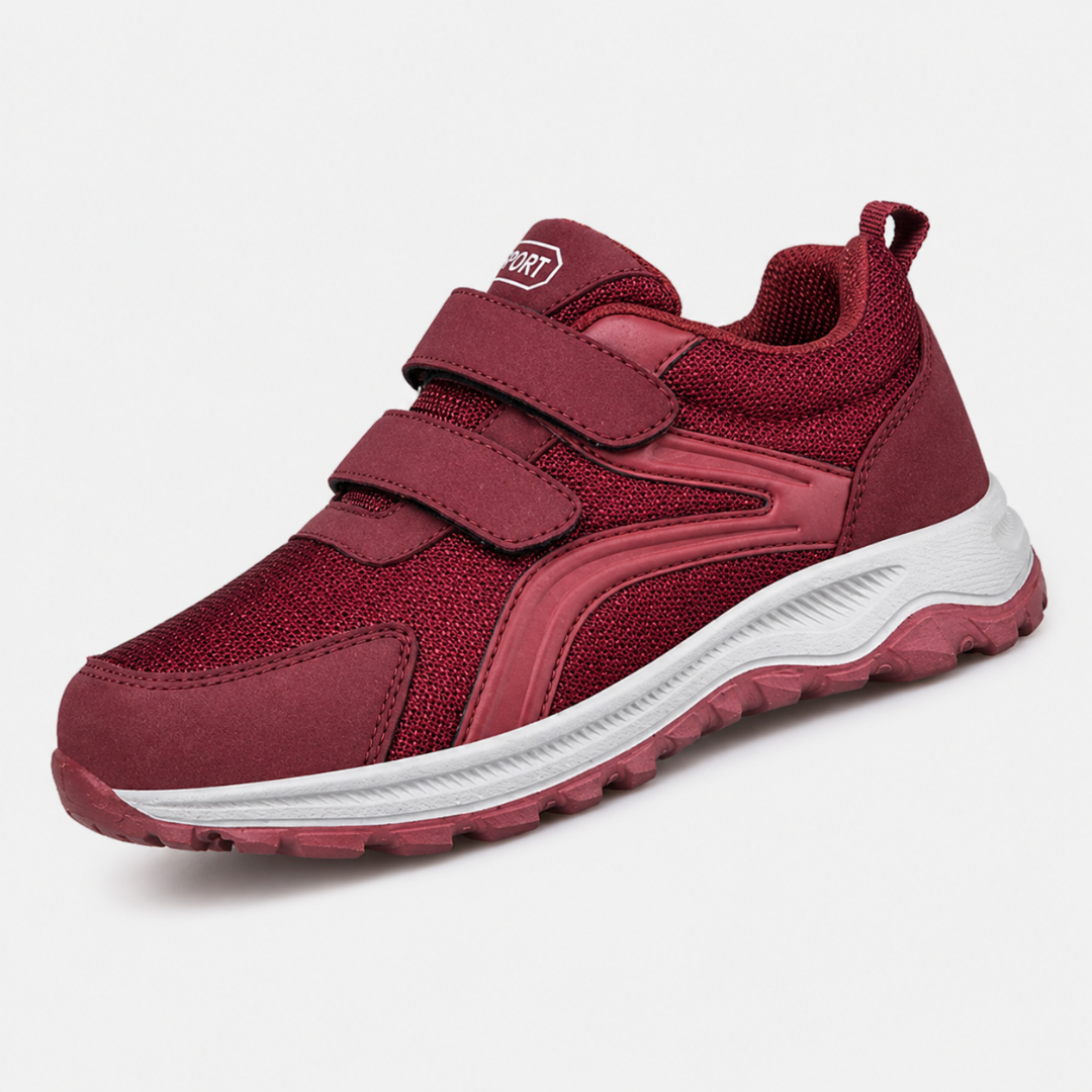 Burgundy version of the double-strap shoe with white sole, side-front view on a plain background 7