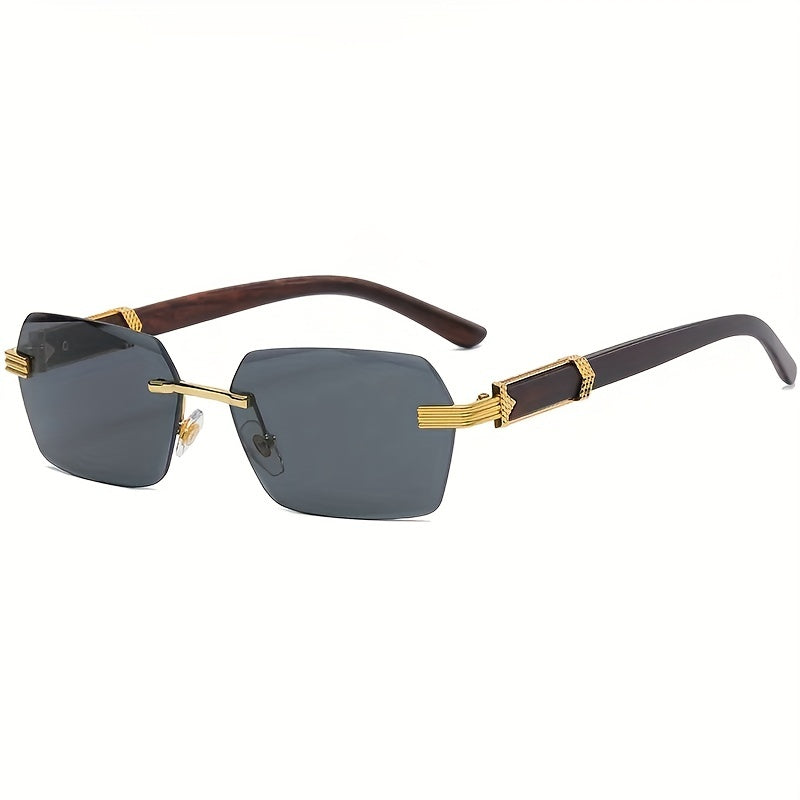 Rimless sunglasses with rectangular lenses and faux-wood temples – Verro