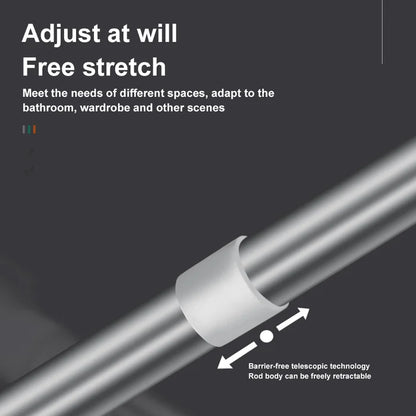 Close-up of the white sleeve on the metal rod, with arrows showing how the rod slides to extend or shorten. 5