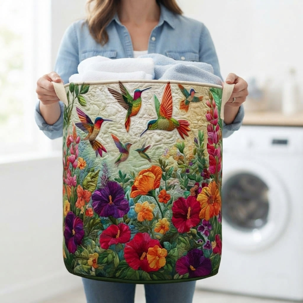 Woman in a denim shirt carrying the basket by its cream canvas handles, filled with folded towels, in a laundry room. 3