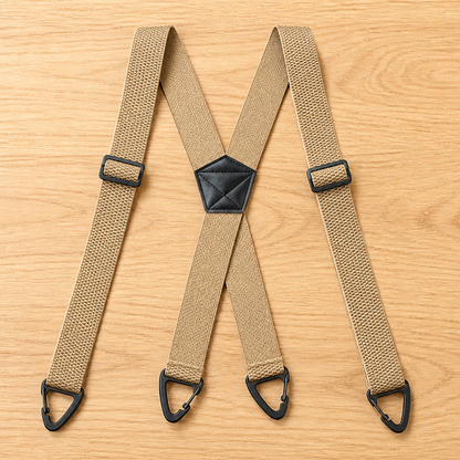 Beige X-back suspenders laid flat on wood, with black slide adjusters, triangular clips and a stitched black centre patch. 16