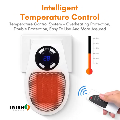 Heater plugged into a wall socket showing 28 on its display, beside a thermometer and remote 4