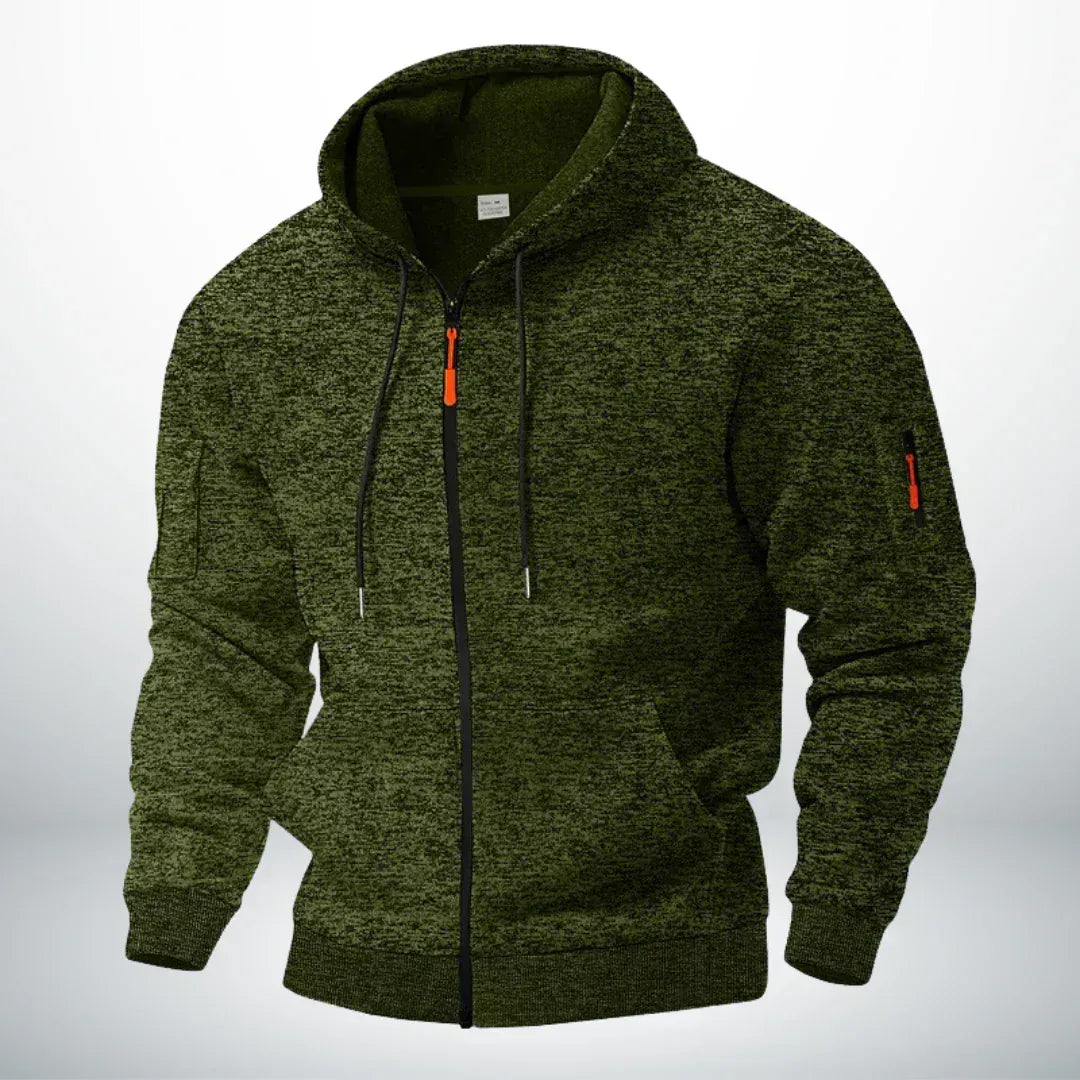 Front view of the zip-up hoodie in speckled olive green, with drawstring hood, orange zip pull and zipped pocket on the sleeve. 4