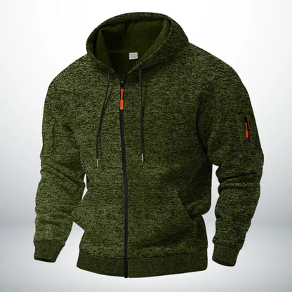 Front view of the zip-up hoodie in speckled olive green, with drawstring hood, orange zip pull and zipped pocket on the sleeve. 4