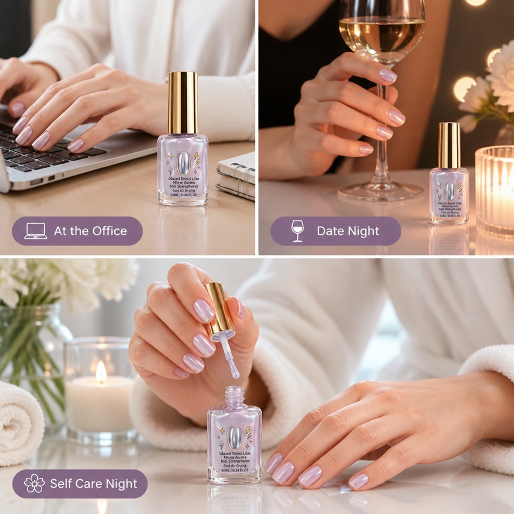 Three scenes of lilac-painted nails: typing at a laptop, holding a wine glass, and applying polish at home 5