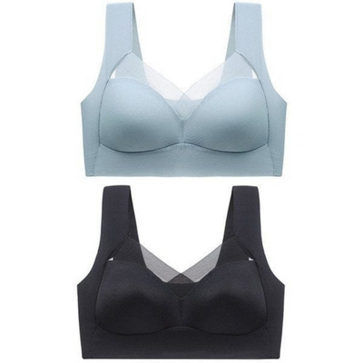Two wide-strap seamless bras with sheer mesh V-neck panels, one in light blue above one in black. 21